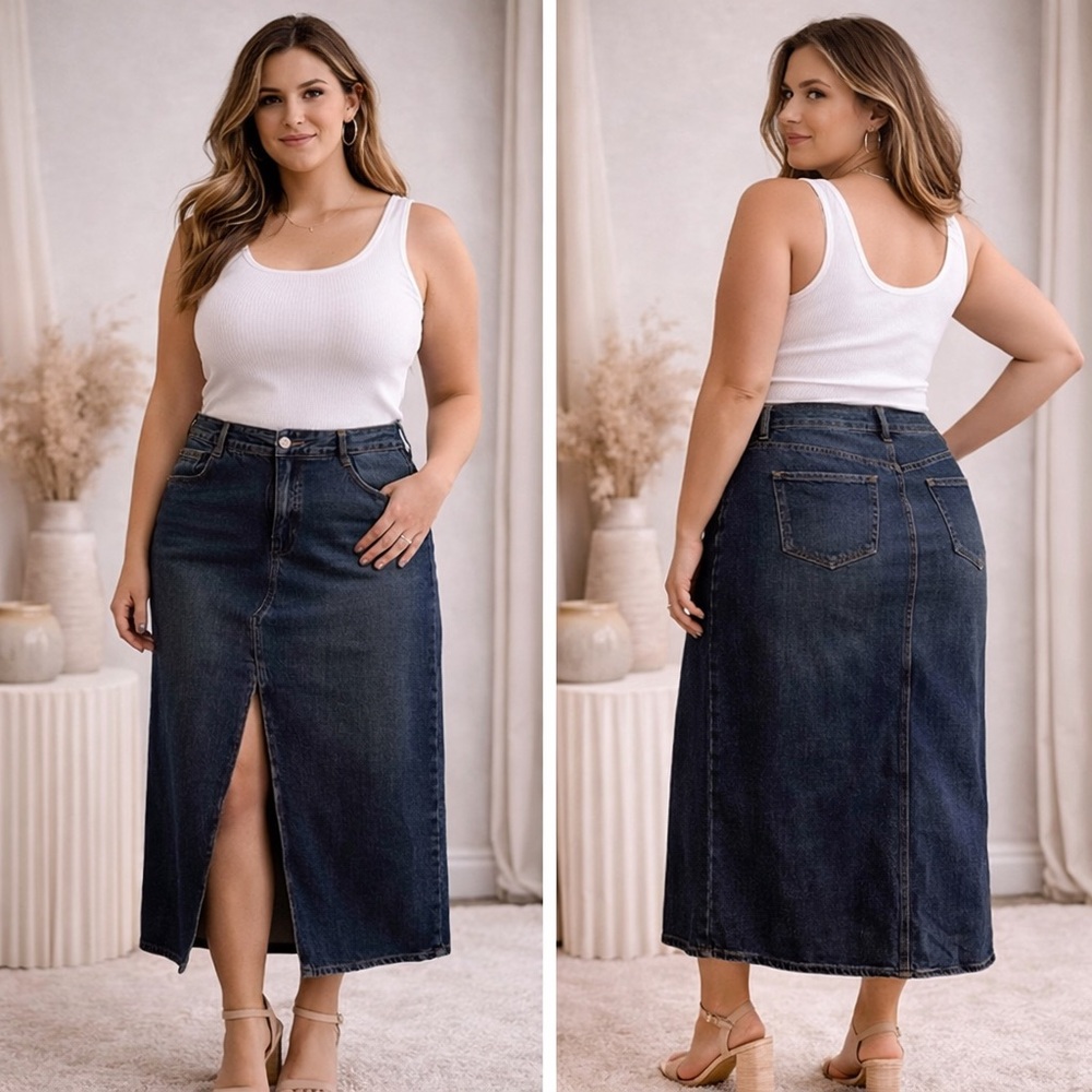 ZARA Dark Wash Denim Midi Skirt Size Large Front Slit Jean Skirt Classic Casual